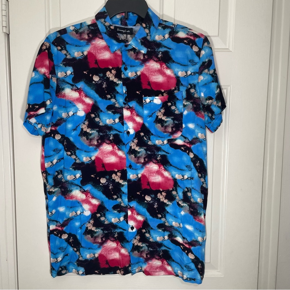 BARNEY COOLS Short Sleeve Button Shirt Rayon Pool Beach Mens Medium Splatter New - Picture 2 of 4